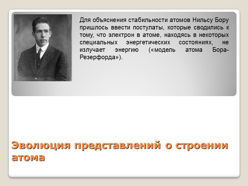 Эволюция представлений о строении атома Для объяснения стабильности атомов Нильсу Бору пришлось ввести постулаты,